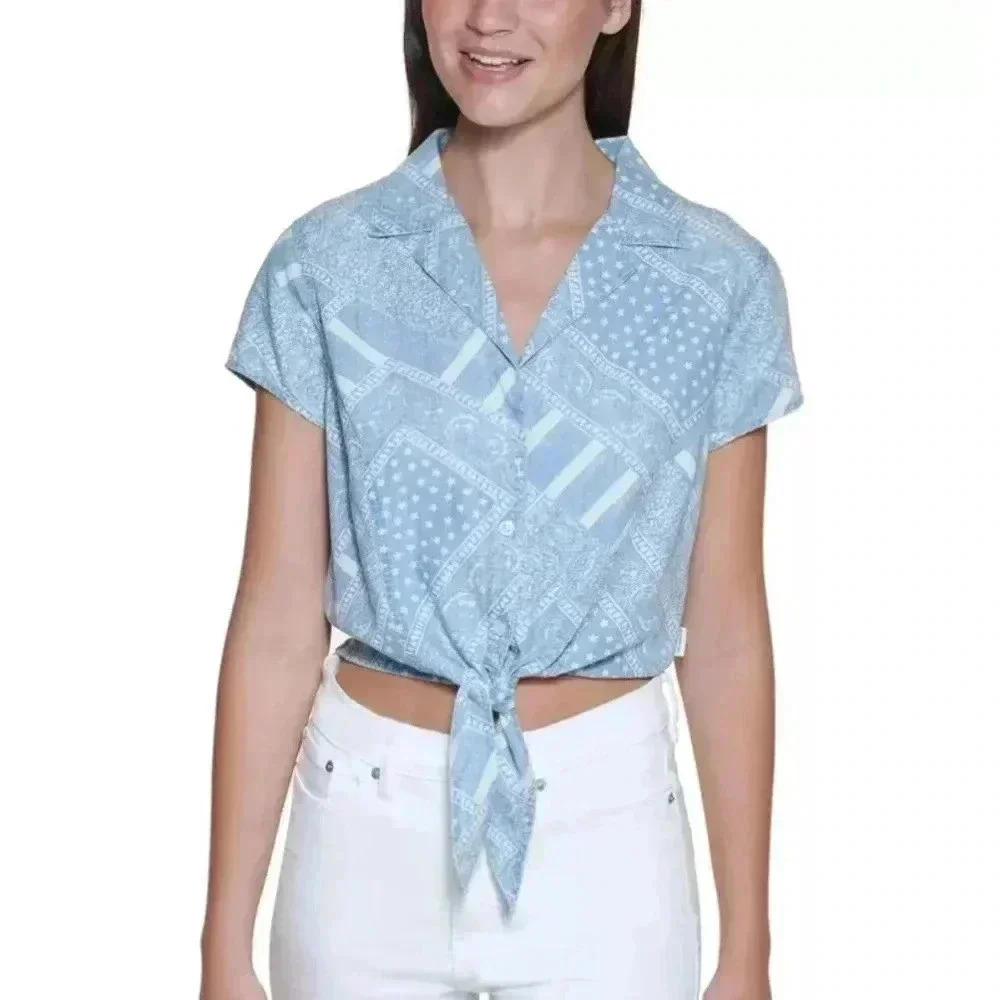 Calvin Klein Jeans Crop/Tie Top Print & Button Down Blue Medium